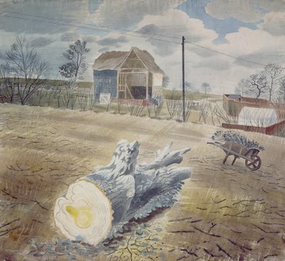 Baumstamm und Schubkarre von Eric Ravilious